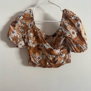 J. Crew Brown Floral Puff Sleeve Blouse